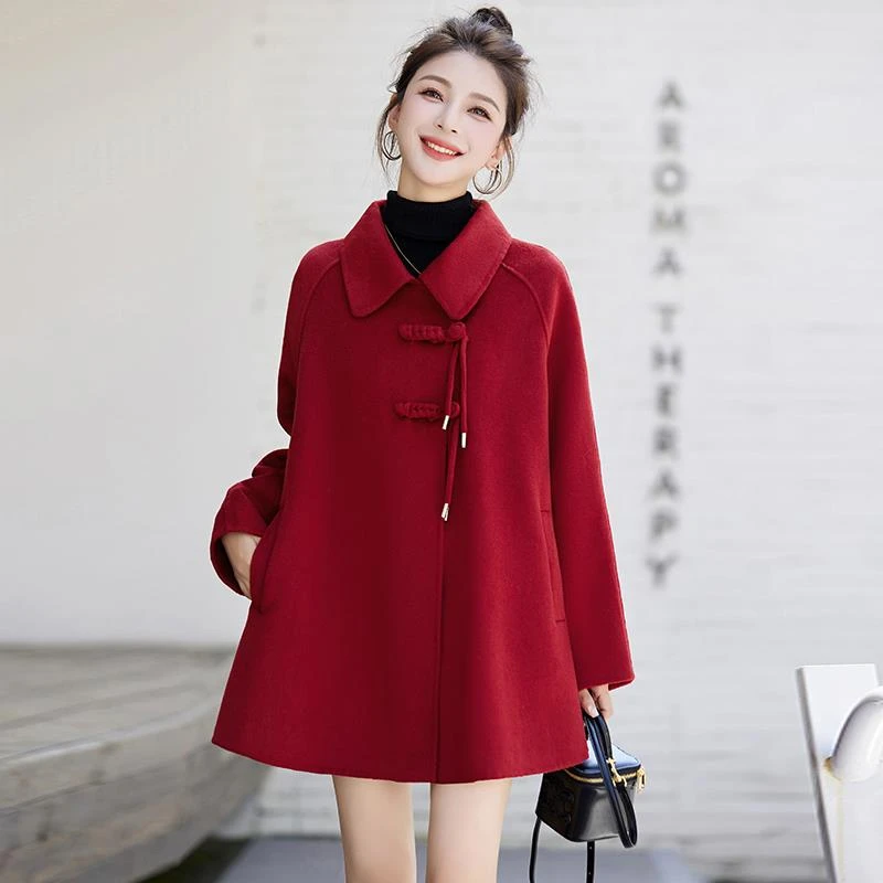 高端红色斗篷双面呢大衣女2024春秋新款宽松显瘦版毛呢外套