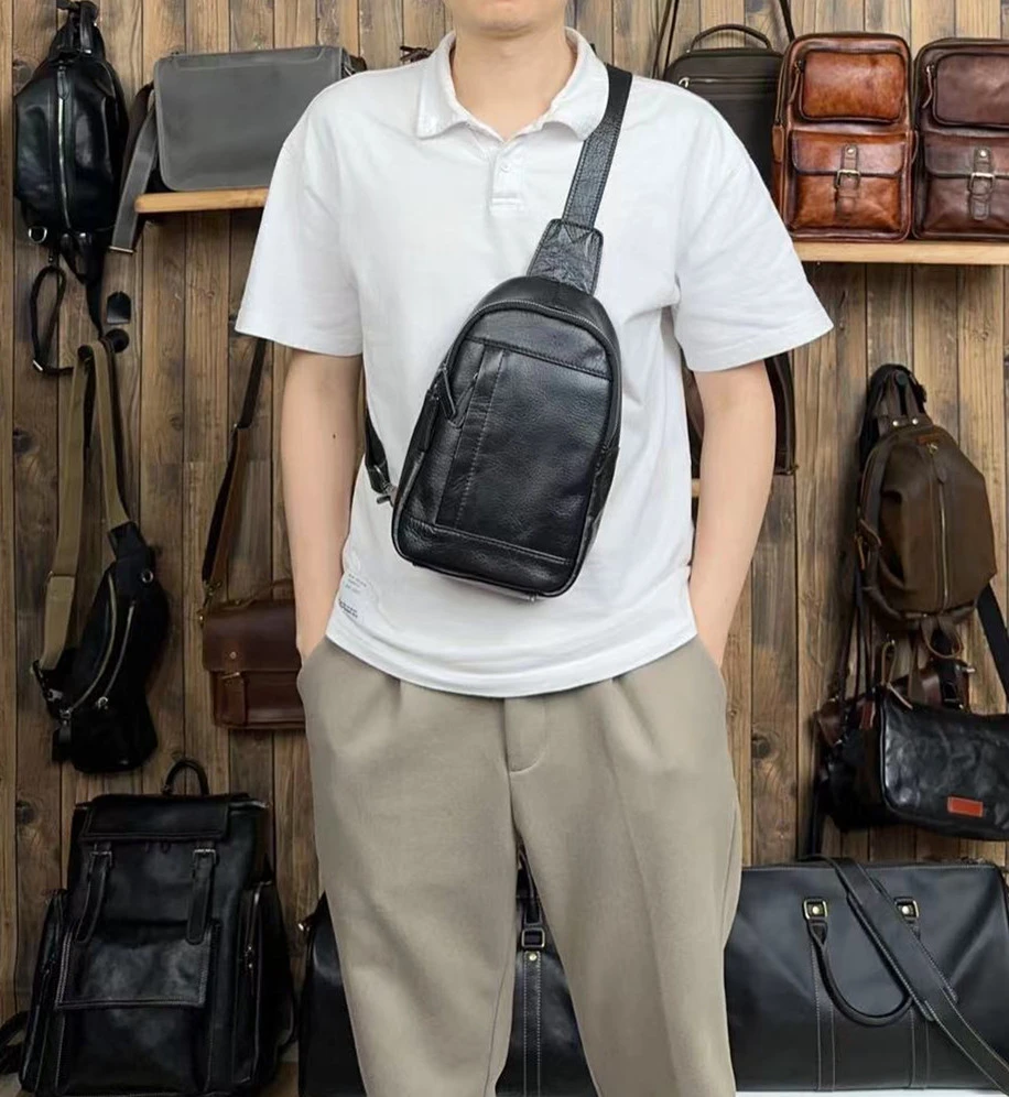 新款男士植鞣牛皮胸包单肩斜肩包真皮休闲头层牛皮小背包潮流百搭