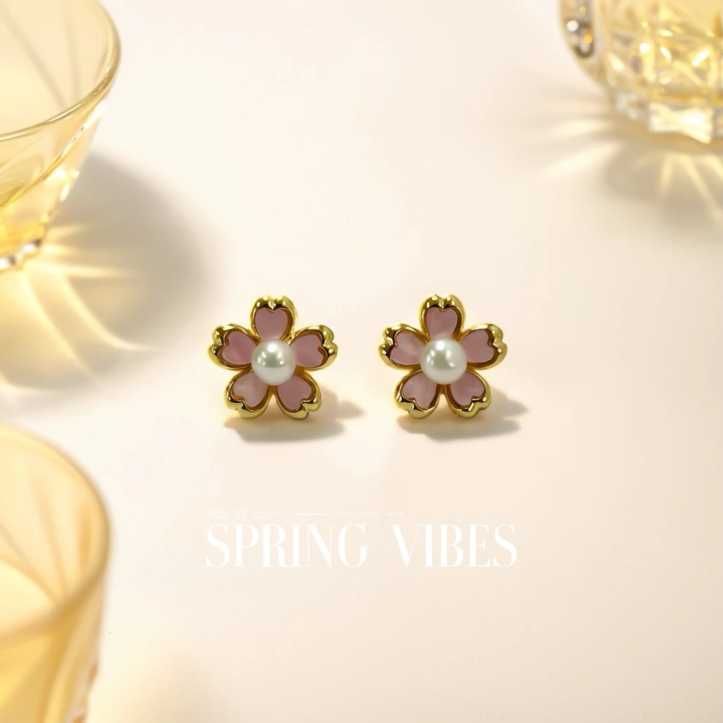 铜合金仿珍珠耳饰 耳饰- DSN设计师款高级粉色花朵耳环（1070）