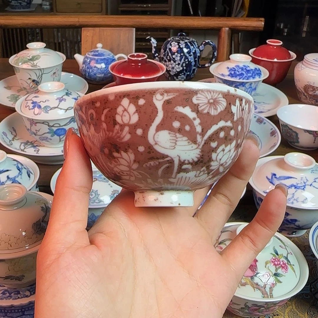 重工撒红釉里红一鹭连升纯手绘