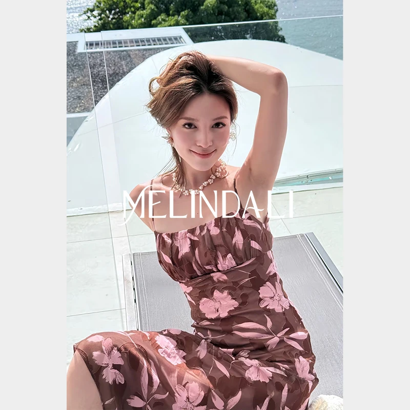 Melinda Li【卡布奇诺玫瑰】法式玫瑰剪花斜裁吊带裙收腰显瘦连衣裙