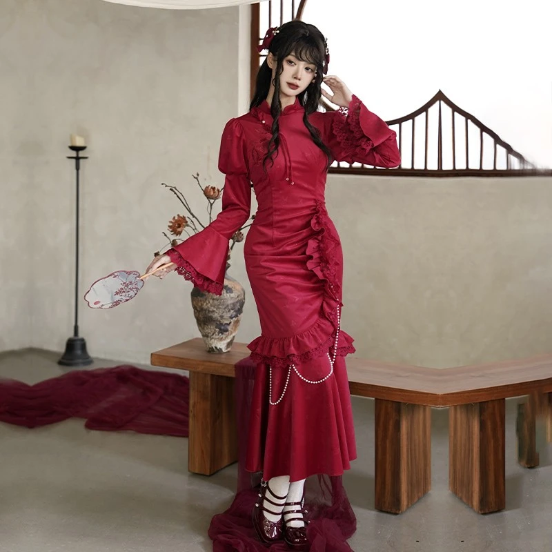 【时宜】withpuji原创设计中华风新年款蝴蝶刺绣丝绒鱼尾旗袍冬lo