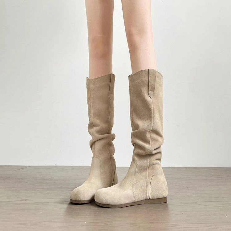 软皮版~百搭堆堆长筒靴2025秋冬新款圆头褶皱勃肯长靴平底高筒靴