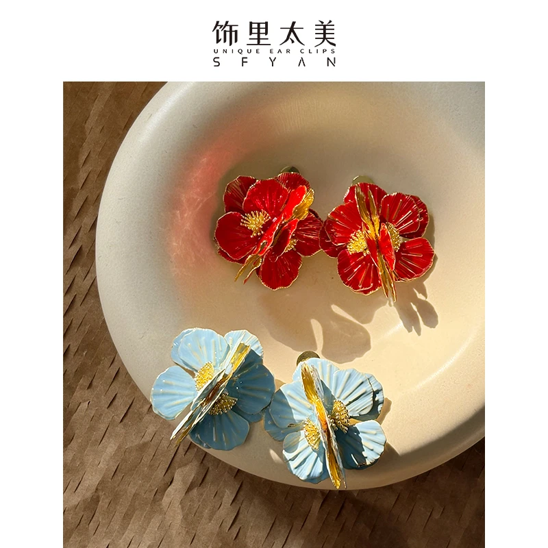 铜合金耳饰 复古清新蓝红色花朵耳夹女无耳洞耳夹气质百搭耳饰女