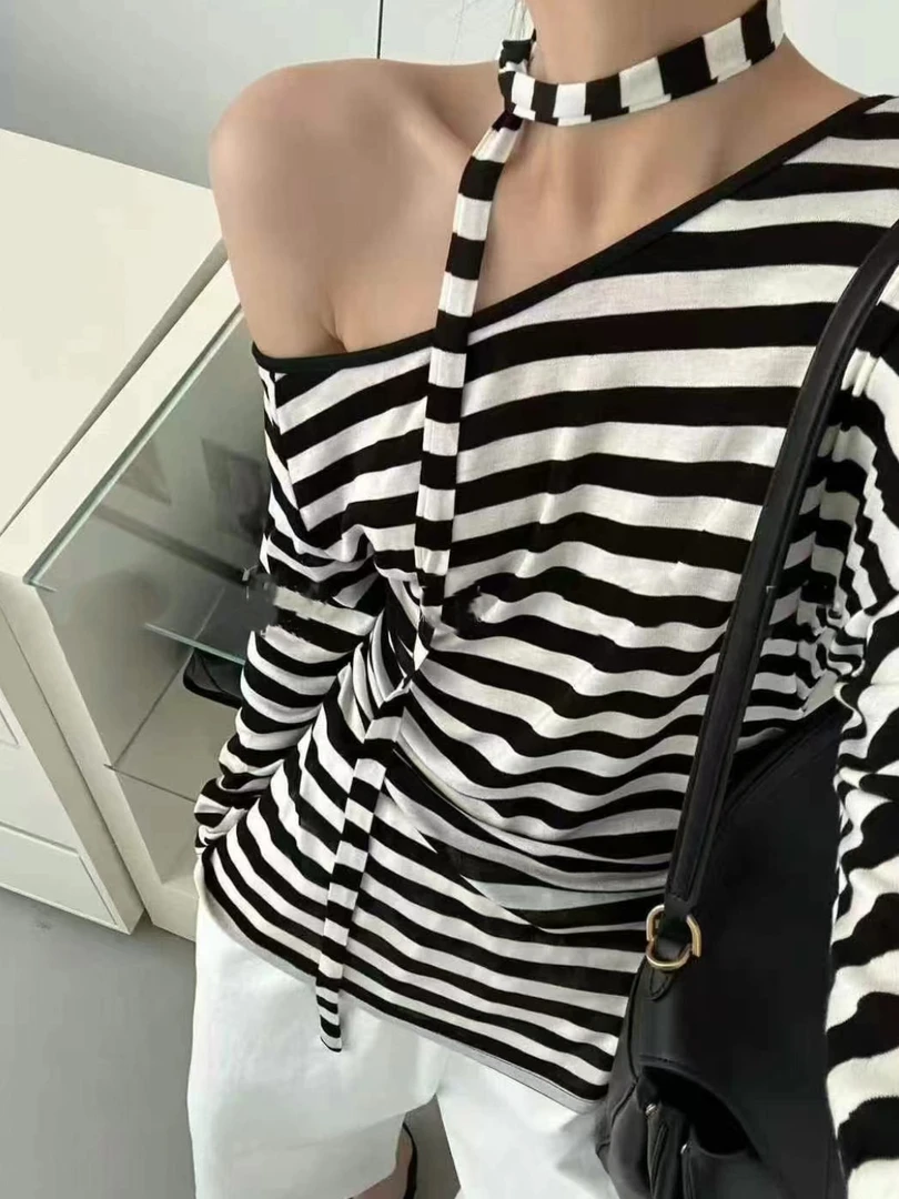 菜花（1ch68871#）飘带条纹控 斜肩休闲长袖T恤3-28