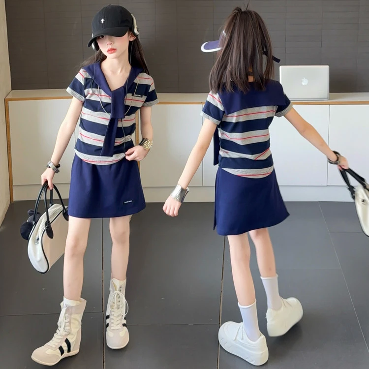 女童网红套装夏季新款中大童披肩条纹t恤短裙两件套女孩洋气衣服