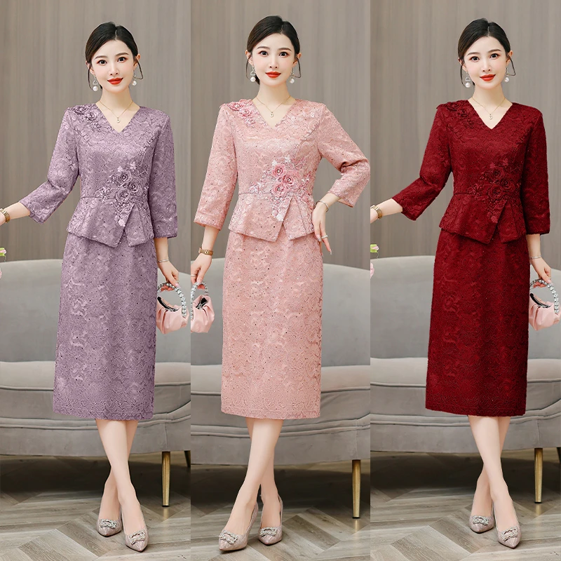 2025秋季红色婚宴会礼服喜婆婆连衣裙春秋中长款修身妈妈秋冬裙子