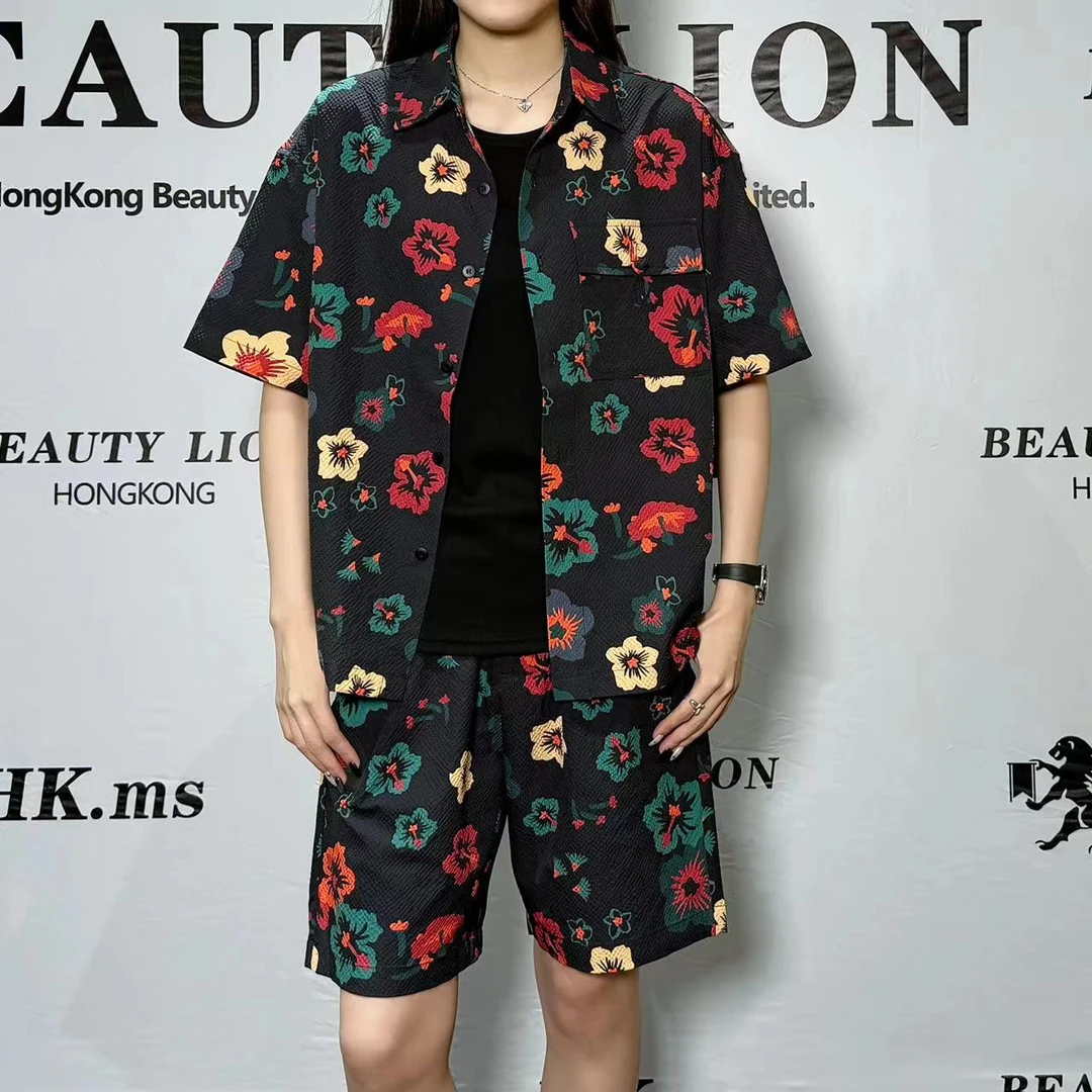 2025美狮潮牌夏季港风輕奢褶皱印花休闲套装