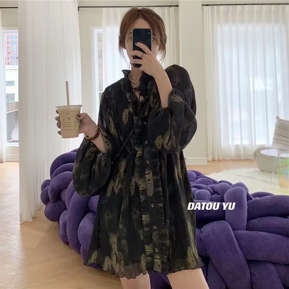 2025年春秋山本风设计感雪纺碎花裙胖mm轻熟风泡泡袖300斤洋装