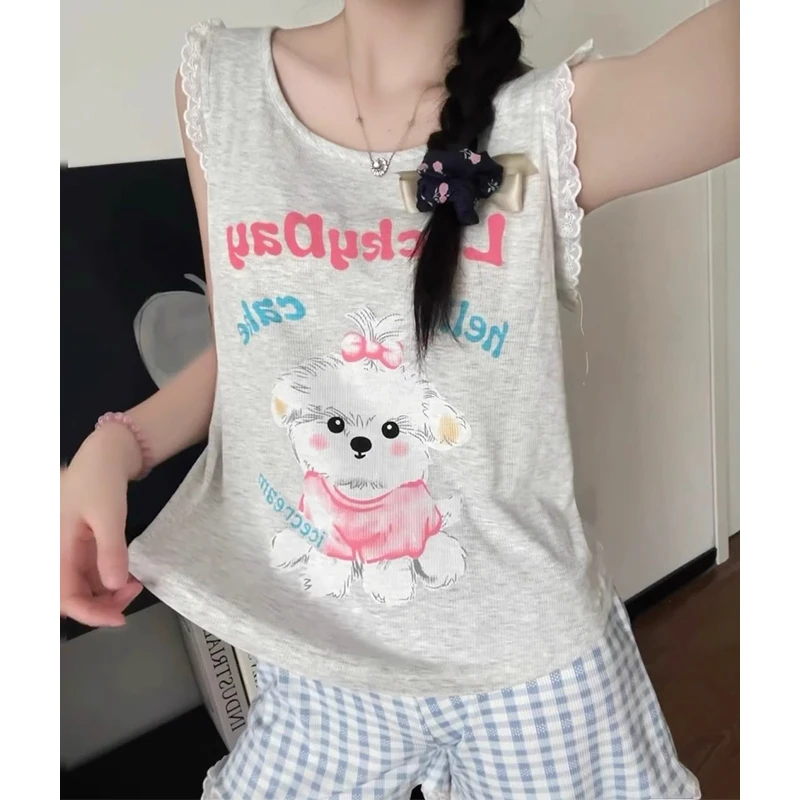 带胸垫睡衣女夏季新款莫代尔粉色公仔背心蓝色格子短裤家居服套装