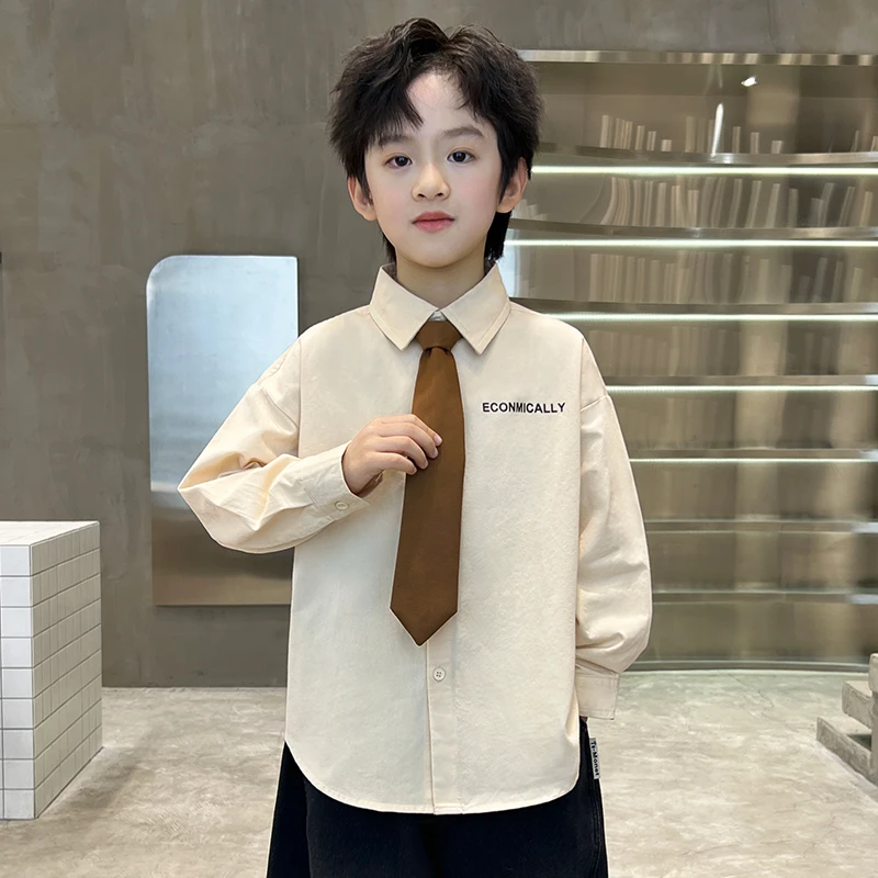 中班仔童装男童衬衫2025春秋新款领带衬衫洋气中大童男孩*ZH2426