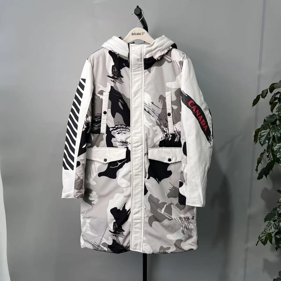 海港城奢牌秋冬季白色晕染长款多口袋连帽白鸭绒羽绒服 Q3390 B1