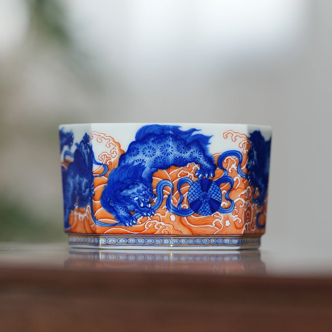 晚来美学 艺家仁青花矾红九狮舞绣球主人杯景德镇纯手工手绘茶具