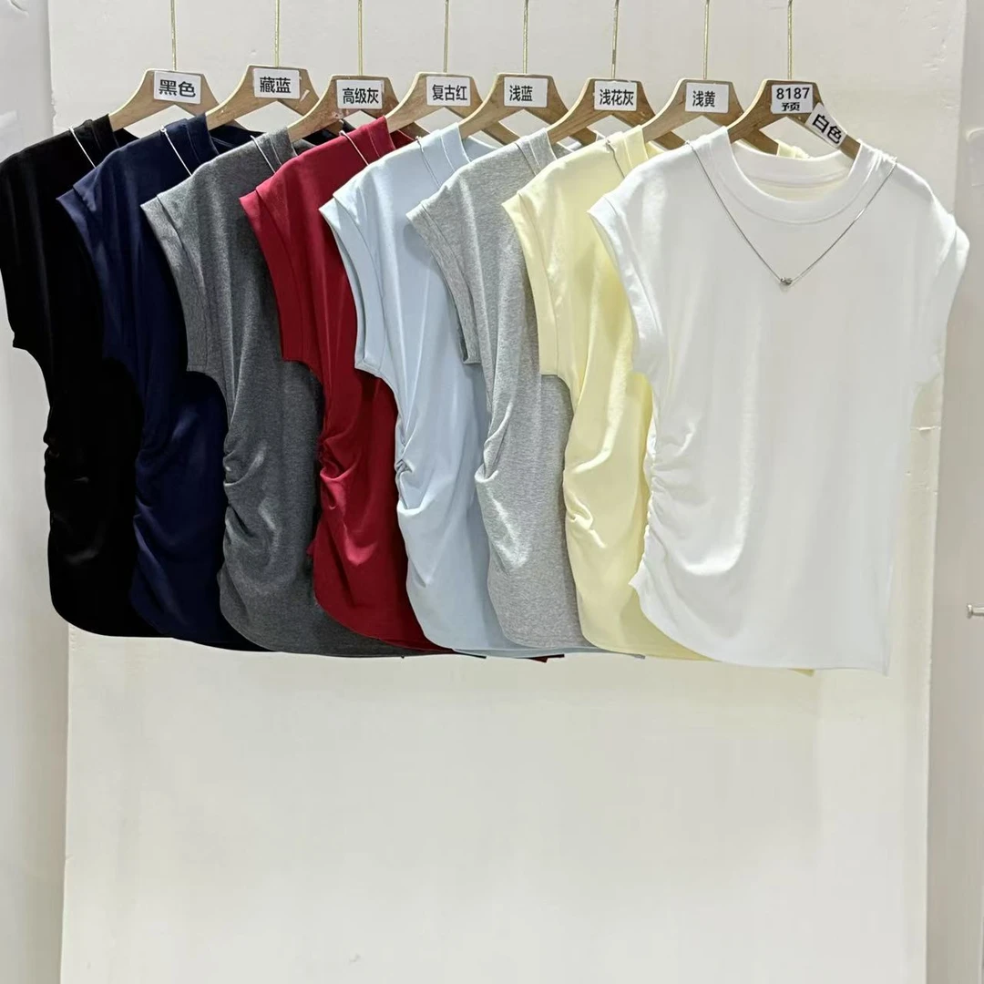 8187号2855#圆领纯色褶皱收腰单侧开叉短袖T（预）