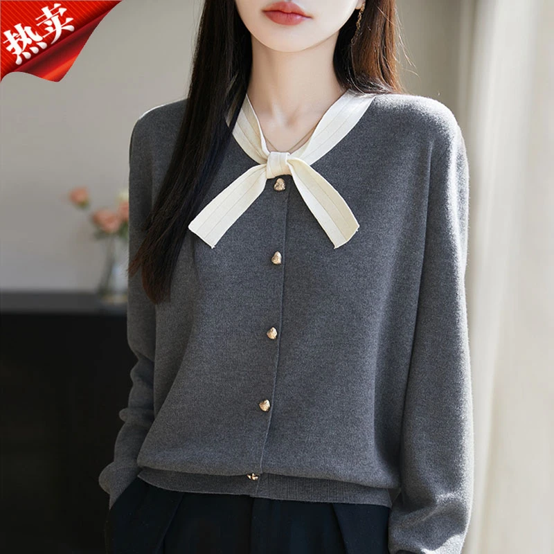 时尚品牌正品25新款飘带领蝴蝶结长袖针织开衫欧若风上衣外搭