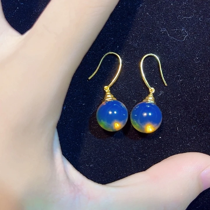 自***花银S925镀金镶嵌蓝珀珠宝奇石12mm