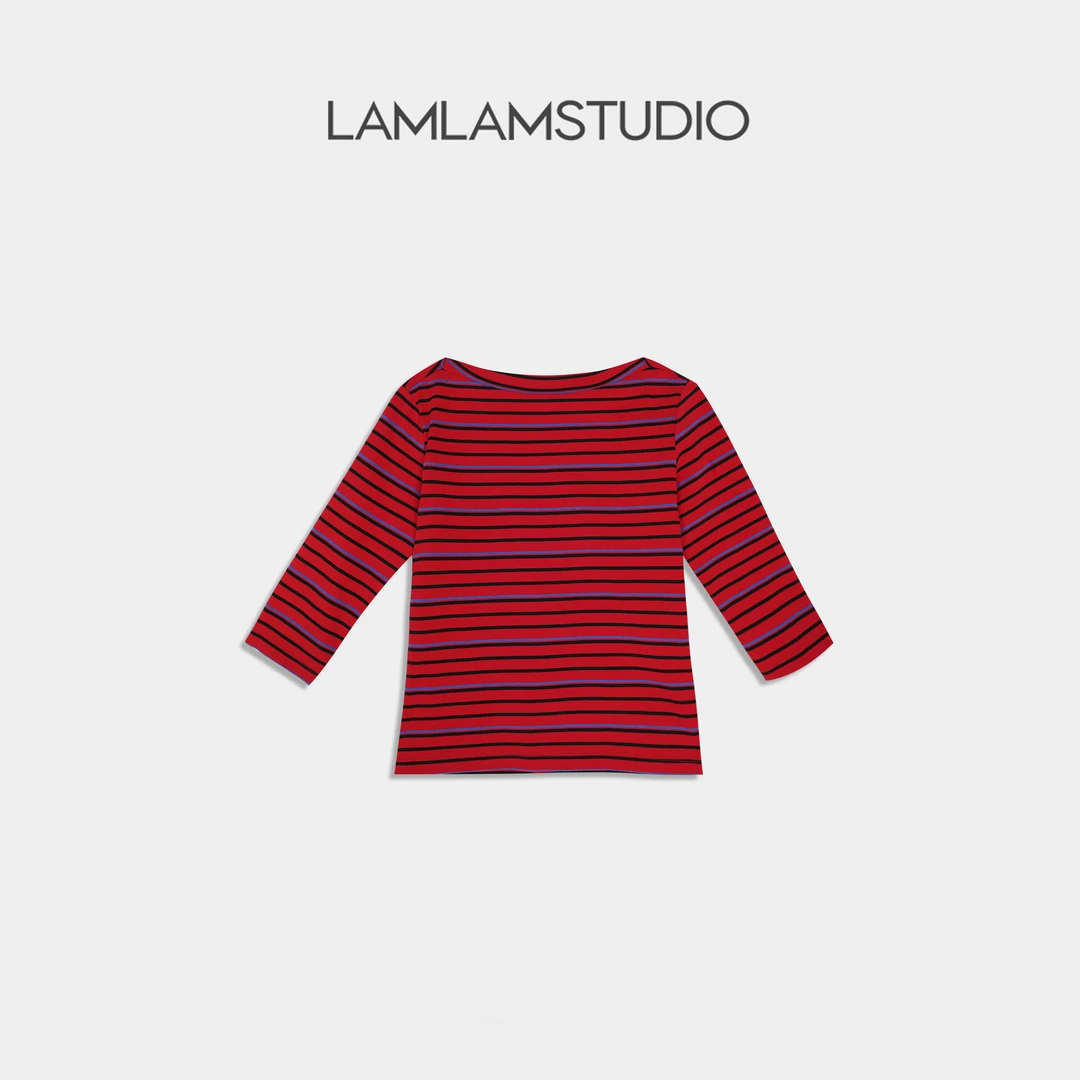 LAMLAM 张一琳 “赤韵彩条” T恤纯棉一字领时尚休闲条纹L253486T