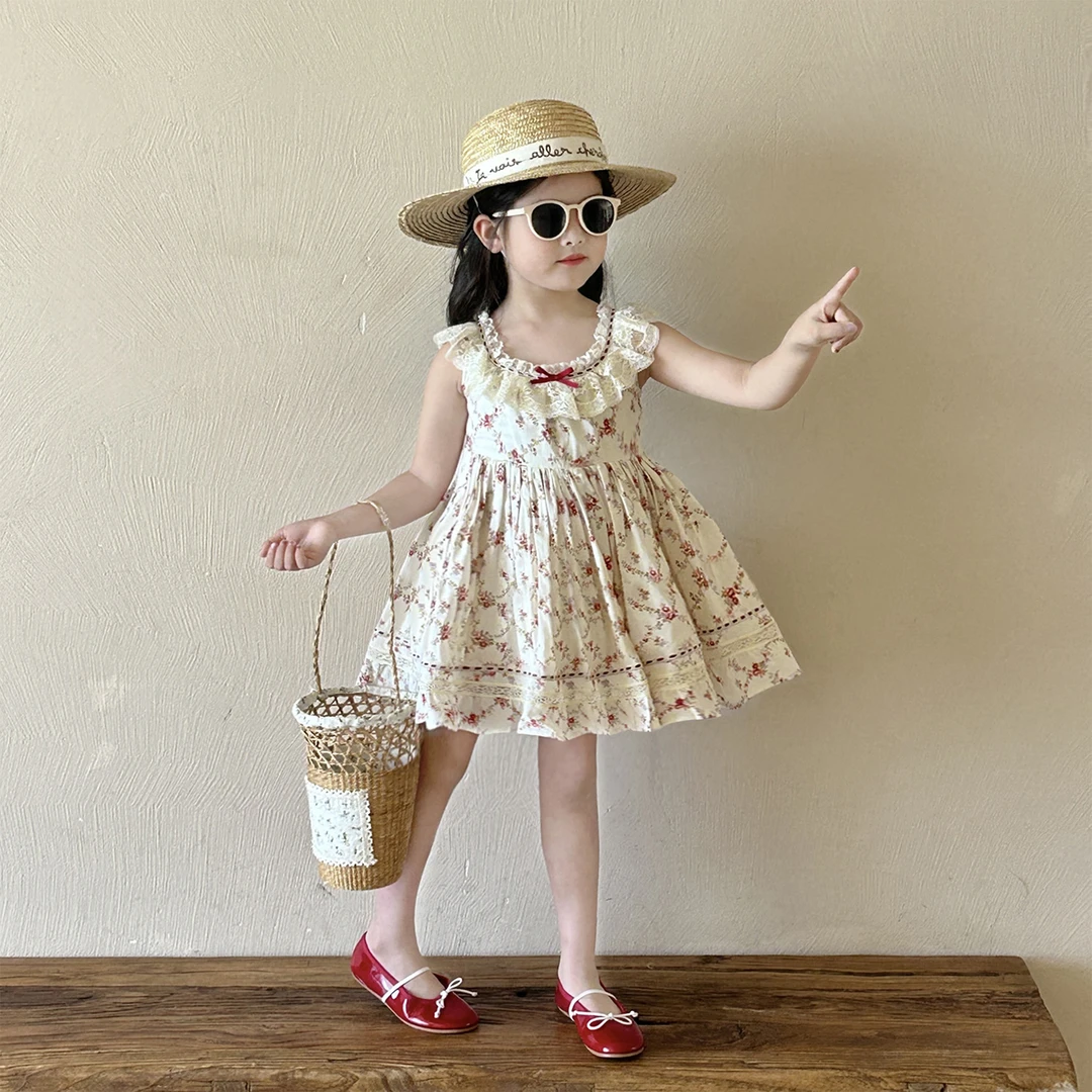 女童法式蕾丝碎花连衣裙2025夏装新款小女孩甜美公主裙洋气背心裙