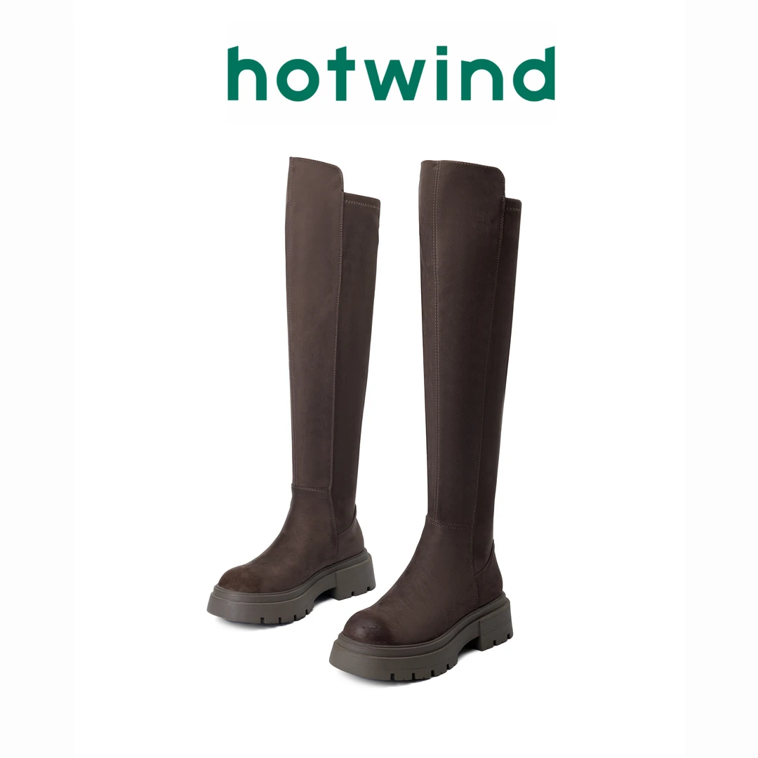 Hotwind/热风过膝靴女长靴秋季2024新款高筒弹力靴秋冬厚底绒面