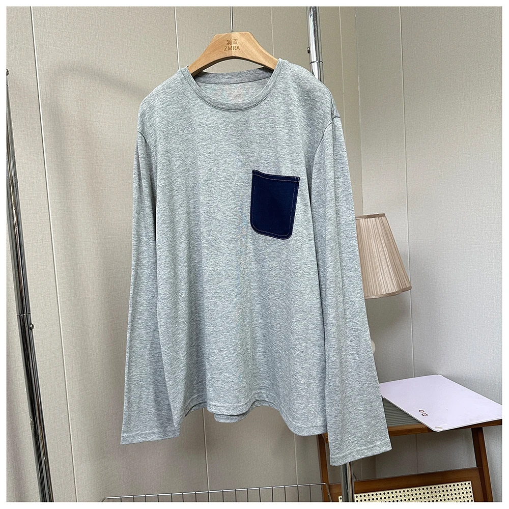 1T075春季新款休闲宽松口袋长袖T恤