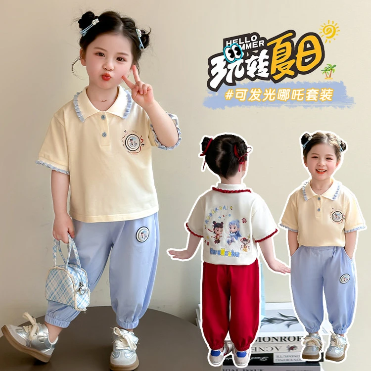 女童夏装短袖2025年新款女大童夏款韩版撞色时尚Polo领学院风上衣