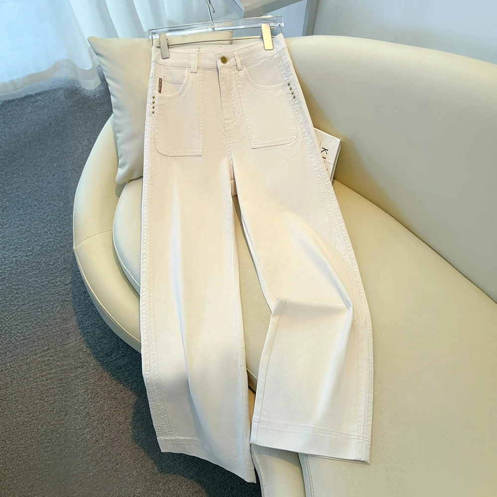 杏色阔腿牛仔裤女早秋季2025新款高腰垂感复古爆款美式显瘦直筒裤