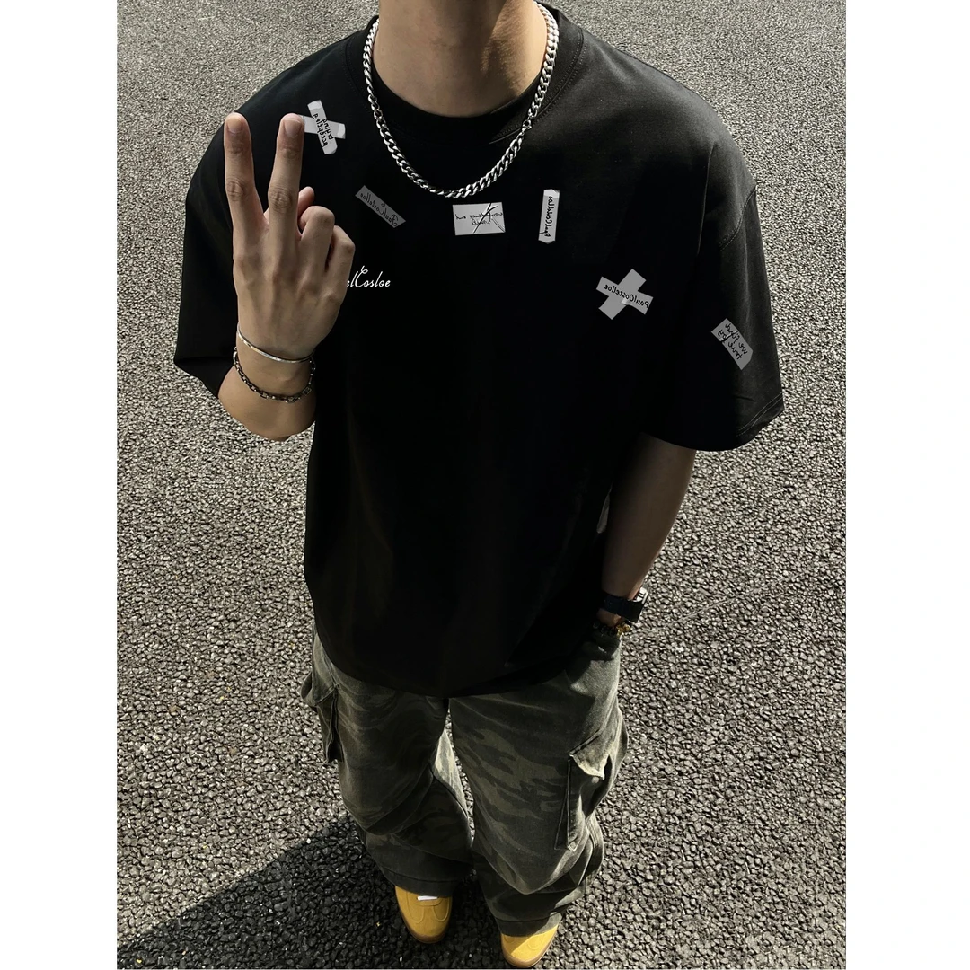 320g痞帅潮牌美式复古短袖男宽松潮流国潮t恤重磅纯棉个性半袖