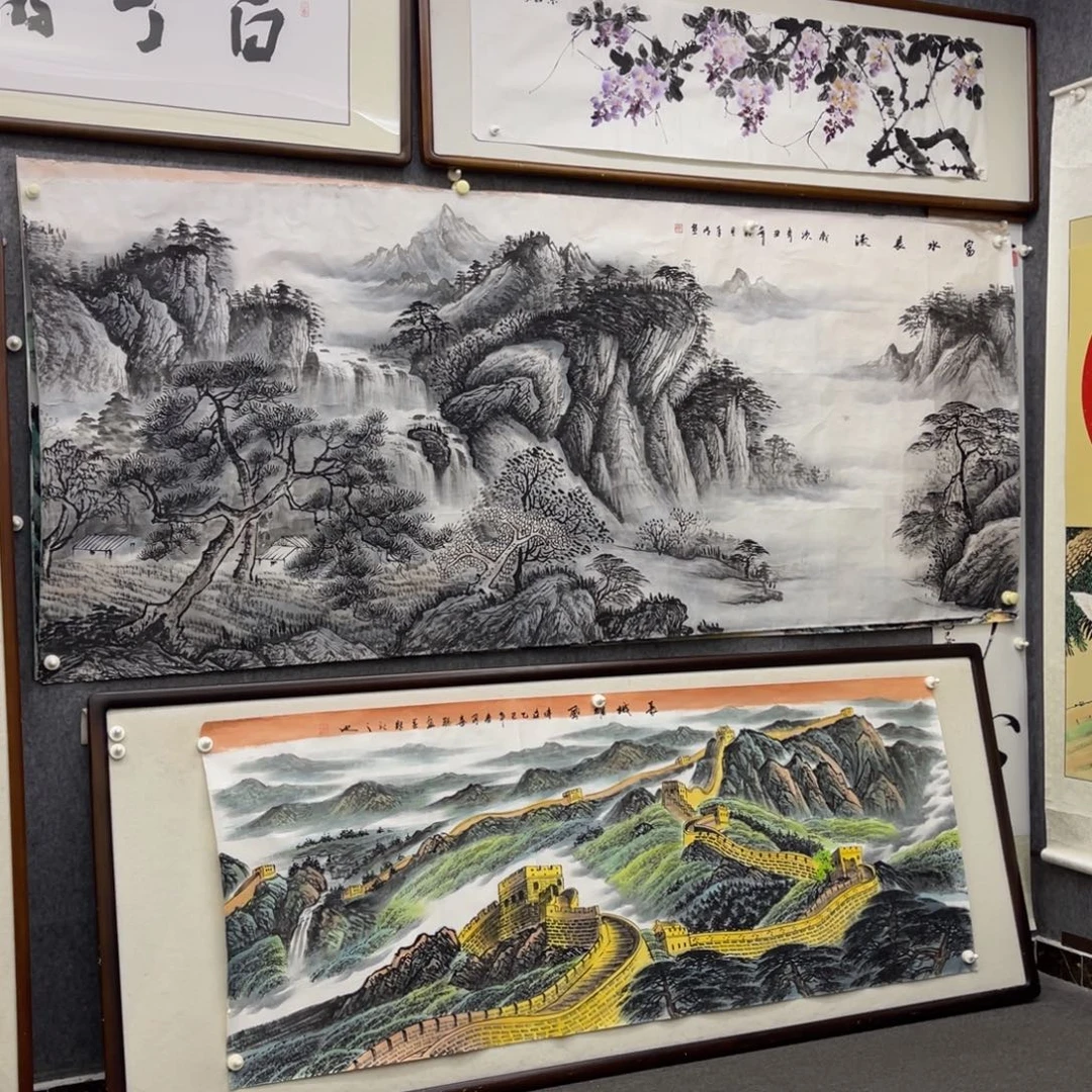 国画八尺富水长流水墨山水画芯微瑕