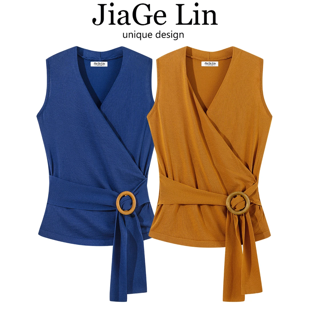 JiaGeLin韩系简约时尚V领无袖针织衫纯色小衫女夏季洋气百搭上衣