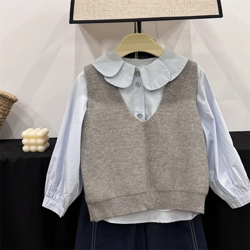 现货leomama【一眼高级】女童秋款针织衫叠穿背心大童套头针织马甲