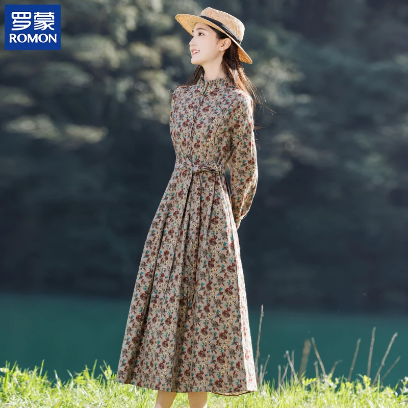罗蒙洋气妈妈春秋装碎花连衣裙新款印花裙子中老年女秋季减龄长裙