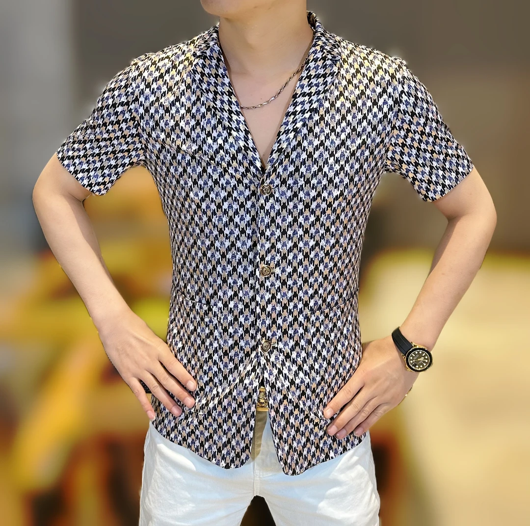 撼路者家男士2025夏季新款修身夏款时尚撞色烫金印花西装短袖衬衫