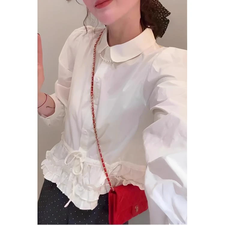 韩系少女感甜美下摆拼接花边系带白色衬衫女娃娃领高级感衬衣小衫