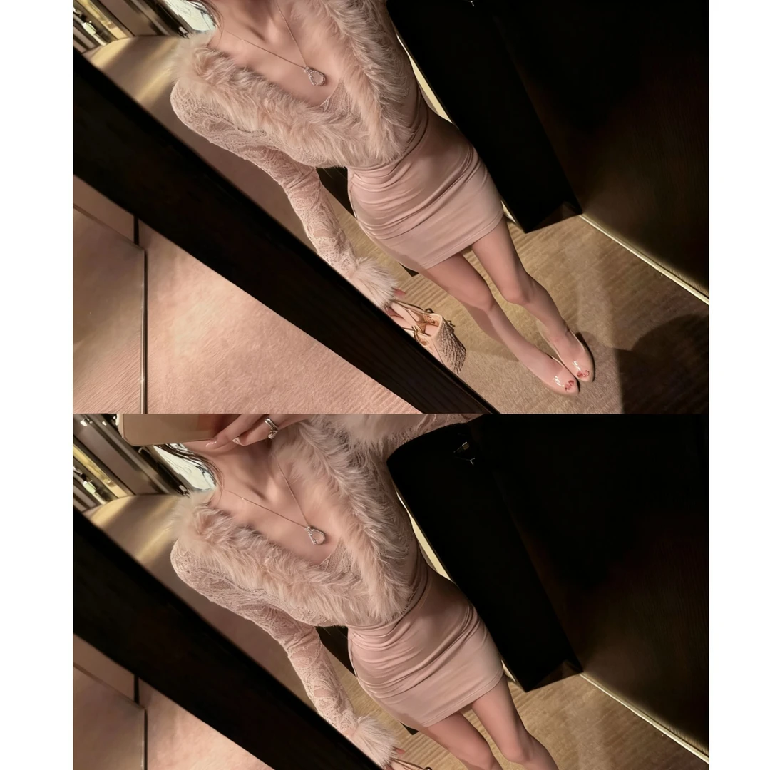 娇艳欲滴*原创女人味优雅气质紧身包臀可拆毛领内搭连衣裙