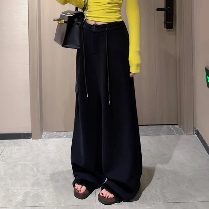 2025秋冬季新款韩系百搭高腰显瘦加绒休闲裤宽松垂感拖地阔腿裤女