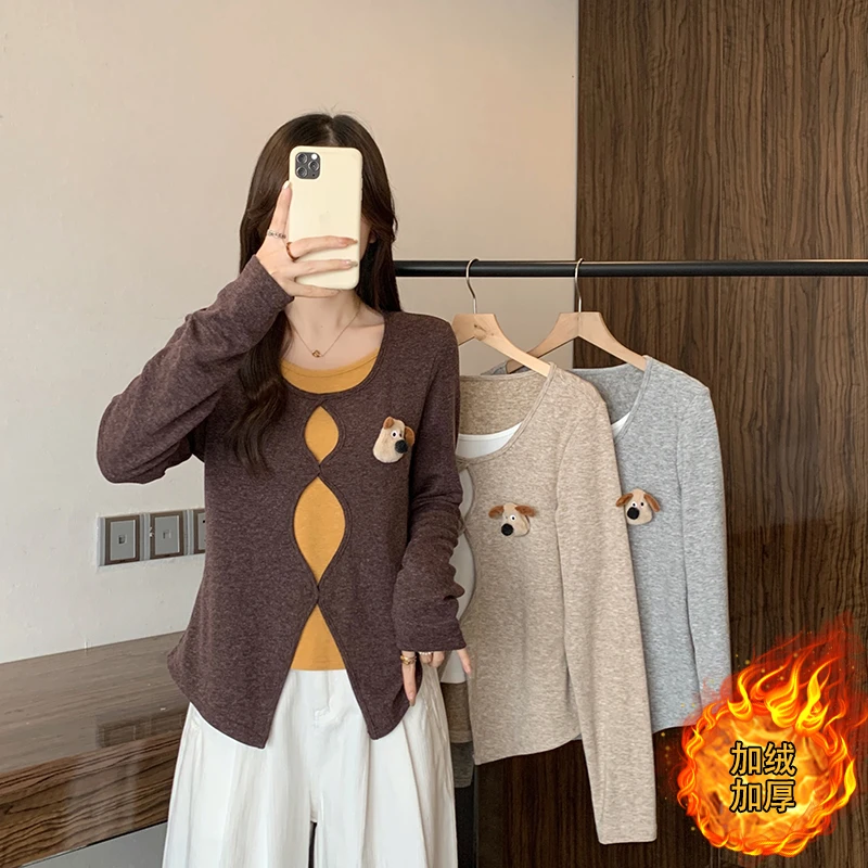 2025秋冬新款胖mm大码女设计感立体小狗加绒加厚内搭上衣A2712