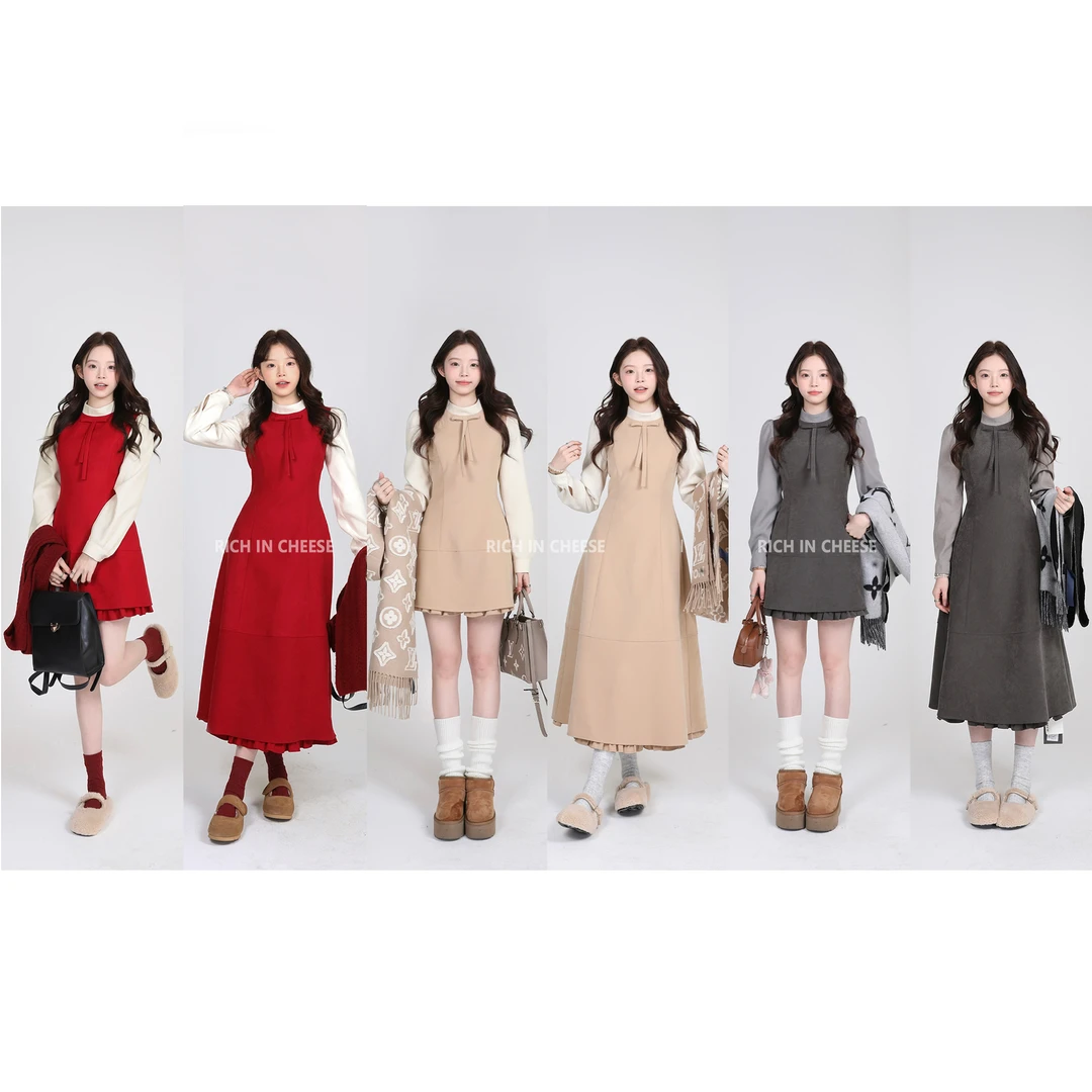 金川川 安妮霍尔【部分现货】 韩系秋冬假两件显瘦蝴蝶结收腰连衣裙