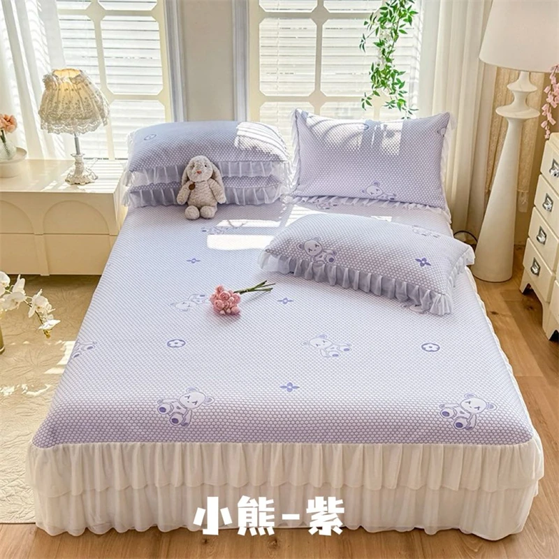 【晴美】凉感丝冰豆豆凉席刺绣三件套-小熊-紫