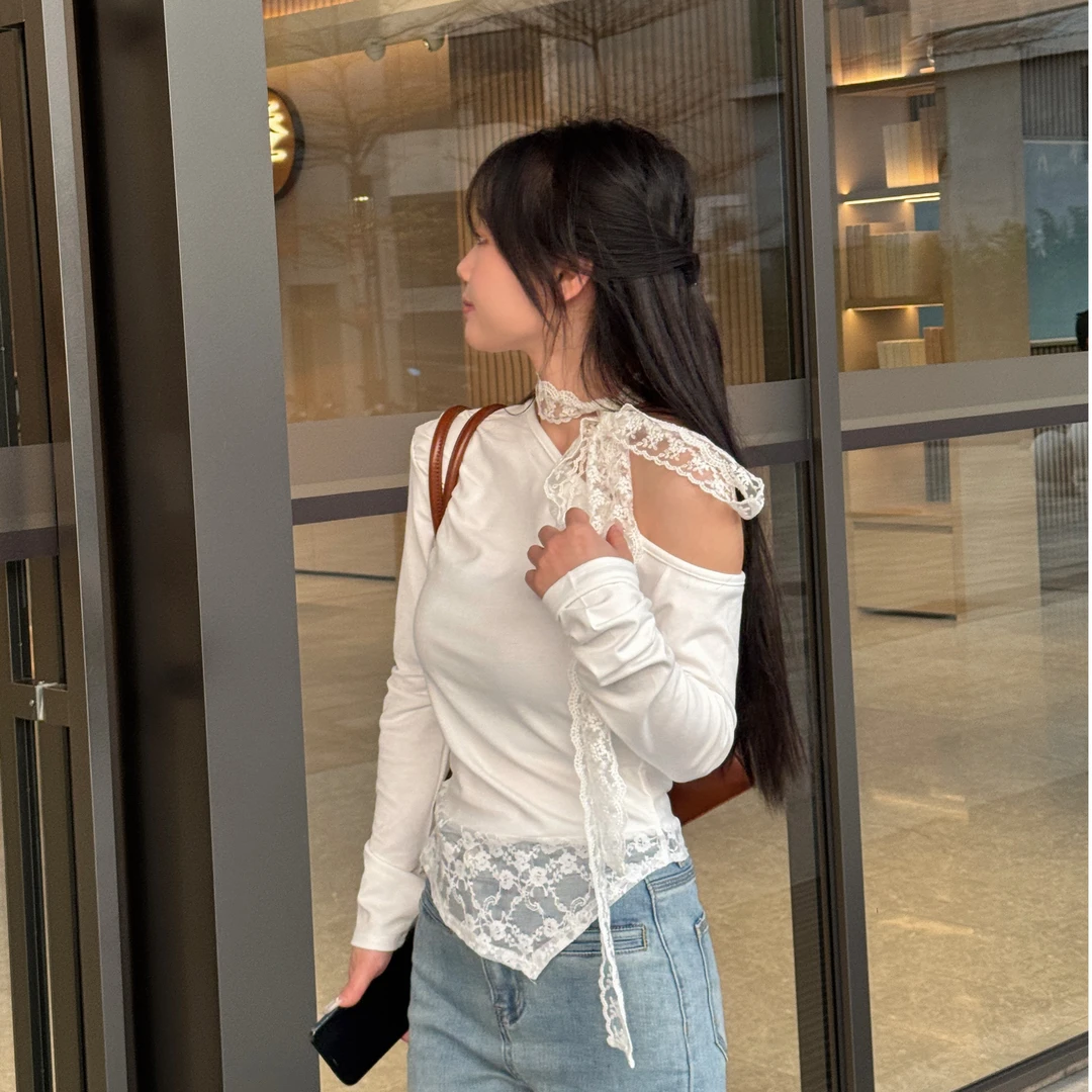 小个子定制斜领露肩设计感飘带纯欲风甜辣妹蕾丝拼接上衣
