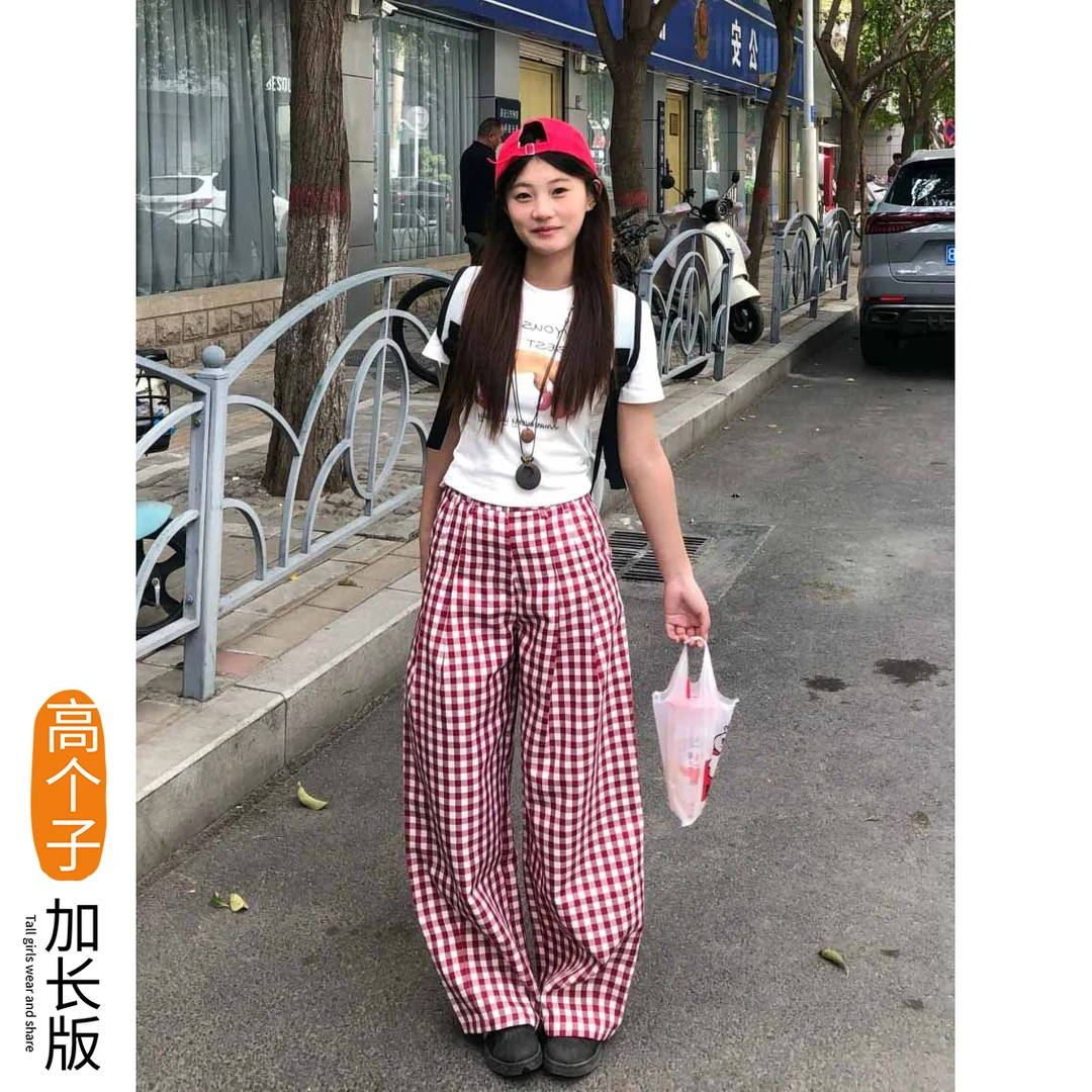 175高个子加长版撞色格子休闲裤女夏季复古高腰垂坠感直筒阔腿裤