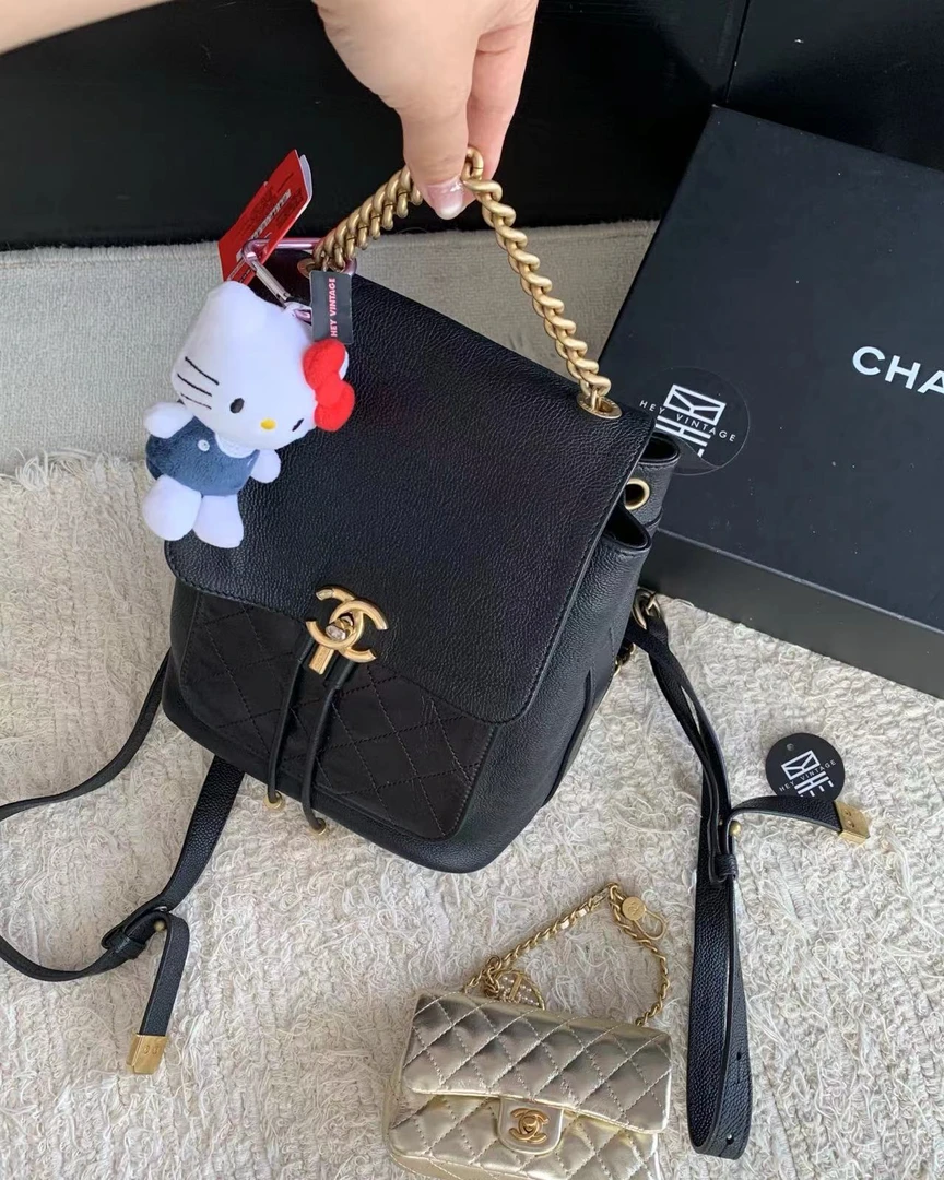 95新 Chanel/香奈儿 黑金复古菱格双肩包 18cm 16953843