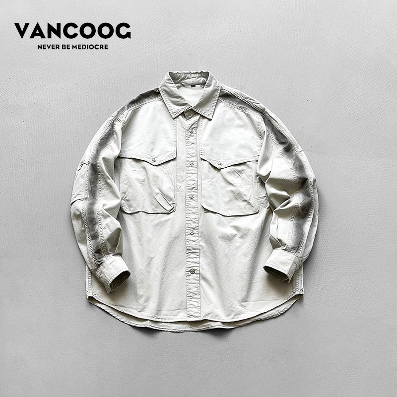 VANCOOG25秋装美式潮牌擦色做旧宽松长袖衬衣复古工装休闲衬衫男