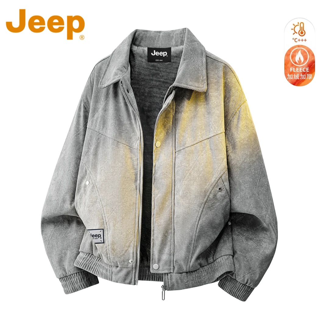 JEEP吉普灯芯绒扎染外套棉衣冬季加绒加厚防寒服翻领休闲保暖棉袄