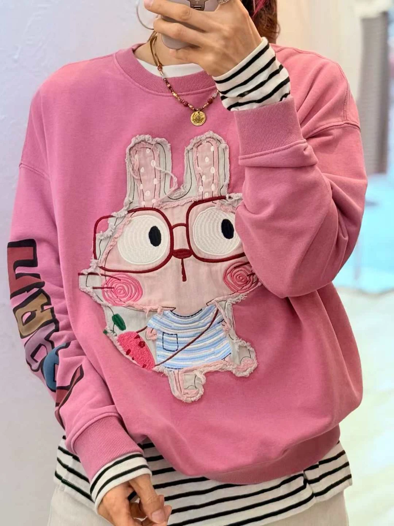 中古纸袋*-俏皮小兔-*360g纯棉毛圈贴布绣砂洗做旧卫衣0592