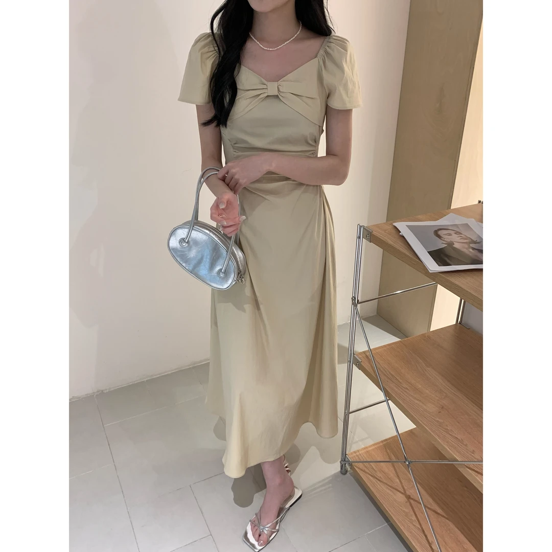 24101#法式气质精致蝴蝶结收腰显瘦A字连衣裙