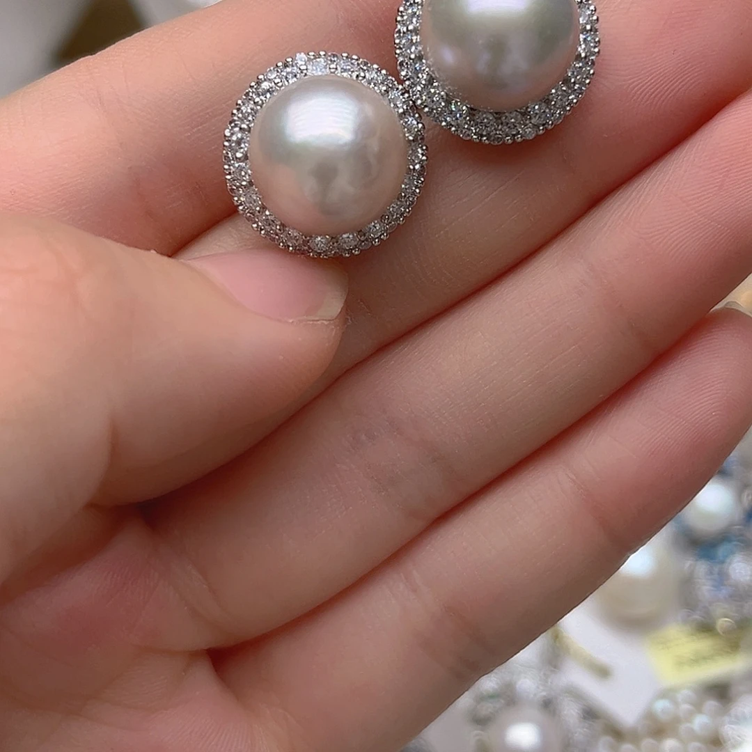 耳钉银S925镶嵌淡水珍珠