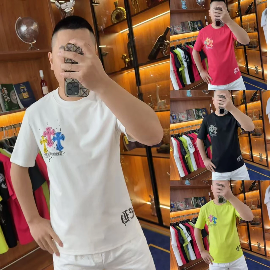 夏季新款彩印T恤男2025欧货十字花圆领休闲短袖网红时尚修身半袖t