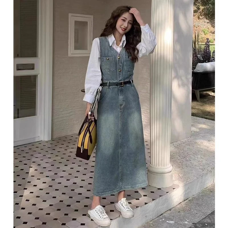 2025秋季爆款轻奢潮复古时尚牛仔背心裙女春新款韩版白色衬衫套装