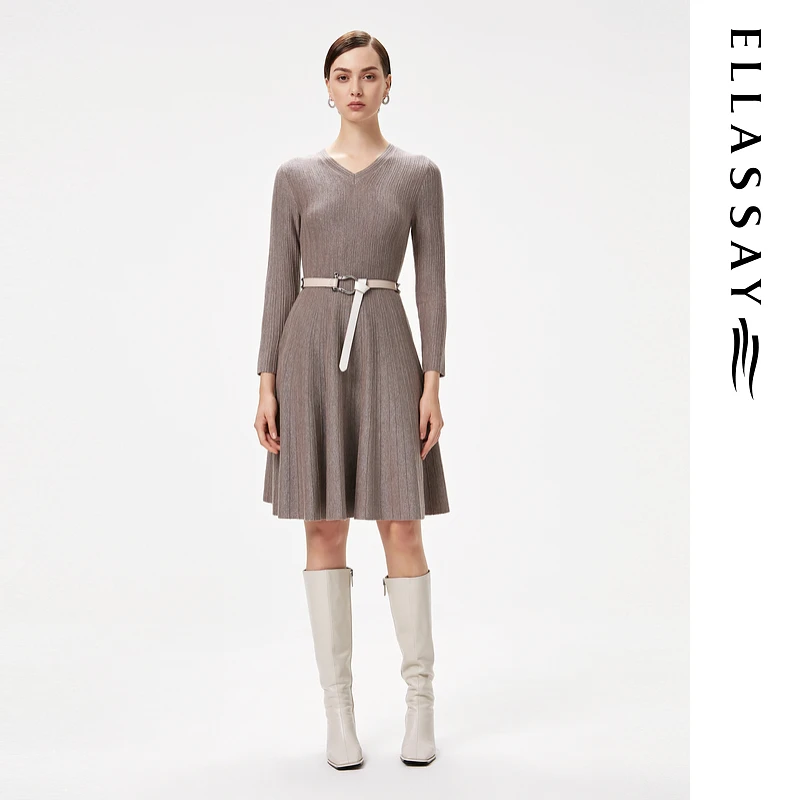 【晨粉专享】ELLASSAY秋季新款细闪长袖V领连衣裙女EWF324M00600