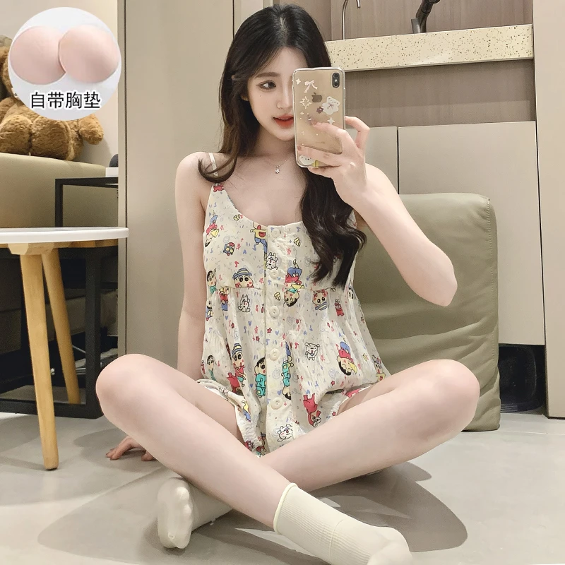 睡衣女款爆款2025新款带胸垫吊带可爱公主睡衣云朵家居服蜡笔小新